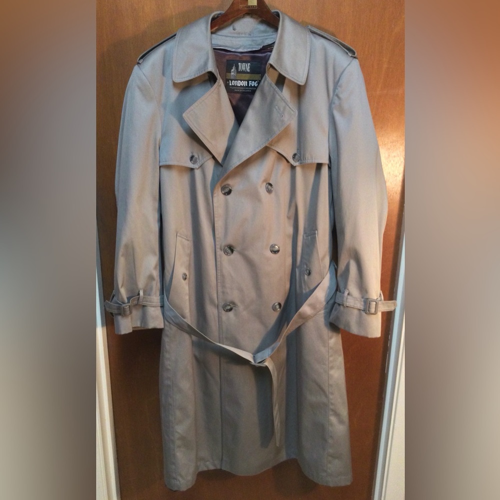 Towne By London Fog Trench Coat Mens 42 Regular Gray Belted Removable Liner